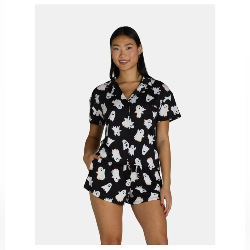 Halloween Ghost Print 2-Piece Pajama Set Size XL Top & Shorts Set Black